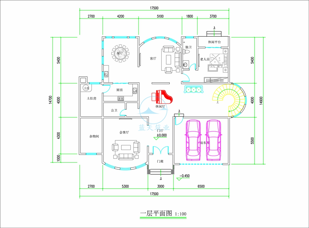 欧式三层花园自建别墅一层原创设计图纸